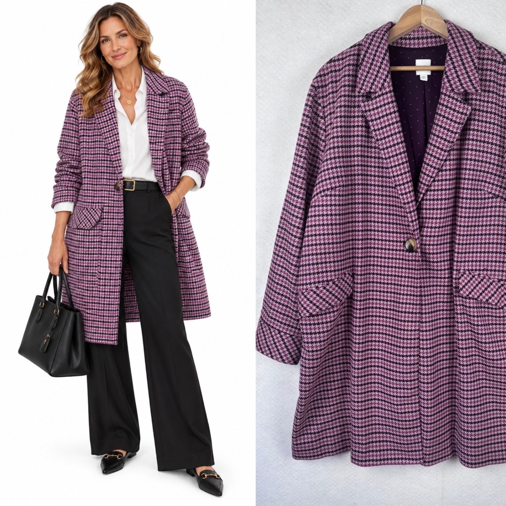 J. Jill Houndstooth Car Coat XL Pink Purple Plaid Longline Jacket Professional